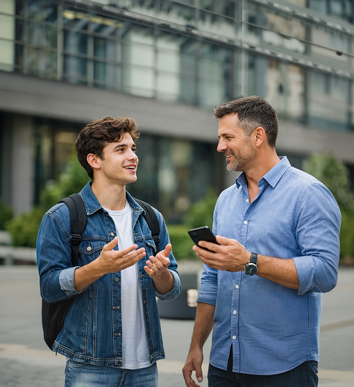 Dos personas conversando en un entorno urbano y profesional